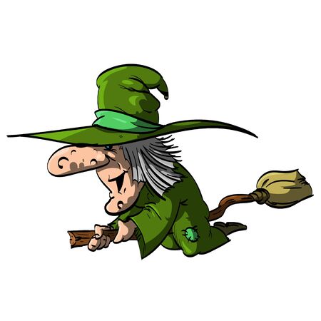 Vector illustration of a Befana or a Witch flying on a broomstick, with green clothes / robeのイラスト素材
