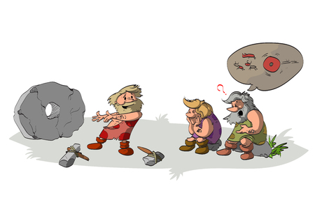 Cartoon vector illustration of a cavement inventing and presenting the wheel to his ignorant and stupid tribesmen and friends, who does not understand the aplications of the genious invention.のイラスト素材