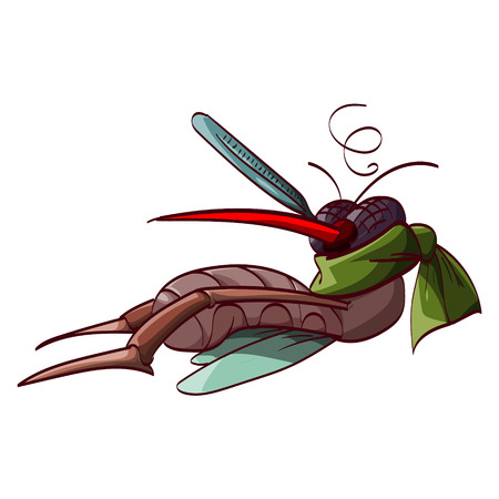 Colorful  illustration of a cartoon sick mosquito with a thermometer and a scarf, lying downのイラスト素材