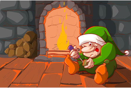 Colorful vector illustration of a cristmas elf, building toys with a screwdriver, infront of the warm fireplace.のイラスト素材