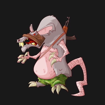 Colorful vector illustration of a cartoon big hairy scary rat terrorist with big teeth and fangs armed with asault rifle, wearing camouflage pants.のイラスト素材
