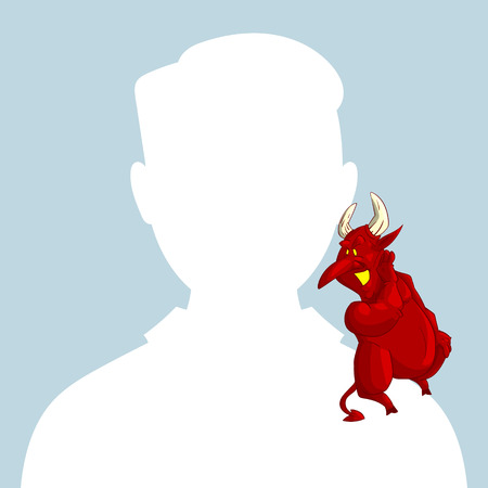Blank male avatar or profile picture with devil conscience character on his shoulder advising him.のイラスト素材