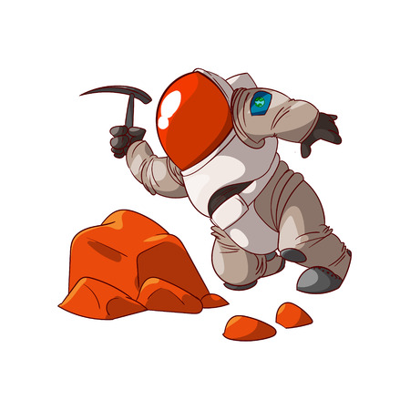 Colorful vector illustration of a cartoon expedition member, astronaut or a cosmonaut in suit on mars or in space.のイラスト素材