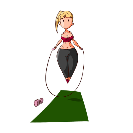 Colorful vector illustration of a cute cartoon fitness girl training in the gymのイラスト素材