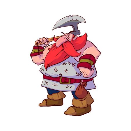 Colorful vector illustration of a cartoon dwarf warrior, with red hair and beard, wearing a chain armor, armed with giant battle axe.のイラスト素材
