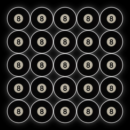 grid of 20 black number 8 pool balls on a black background, with halo effect behind
