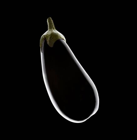 Single black aubergine, with strong rim light on a black backgroundの写真素材