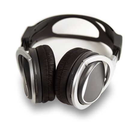 Retro style wireless headphones, with black and silver detail,  isolated on white with a drop shadowの写真素材