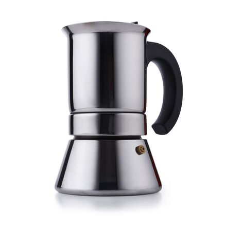Modern style stainless steel expresso coffee pot, isolated on white with a slight drop shadowの写真素材