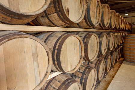 Image of a row of traditional full whisky barrels, set down to mature, in a large warehouse facilityの写真素材