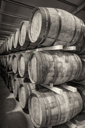 A row of stacks of traditional full whisky barrels, set down to mature, in a large warehouse facility, black and whiteの写真素材