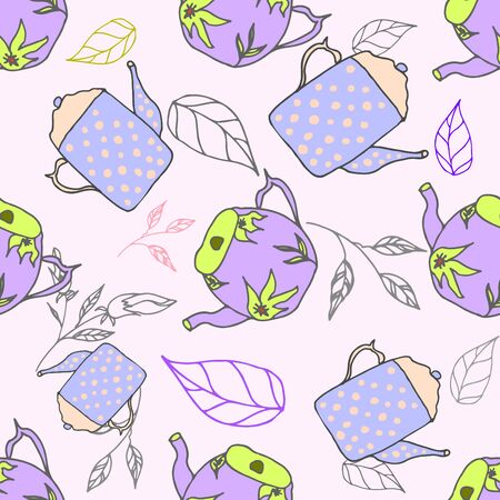 Blue pastel seamless pattern with teapots and leafy elementsのイラスト素材