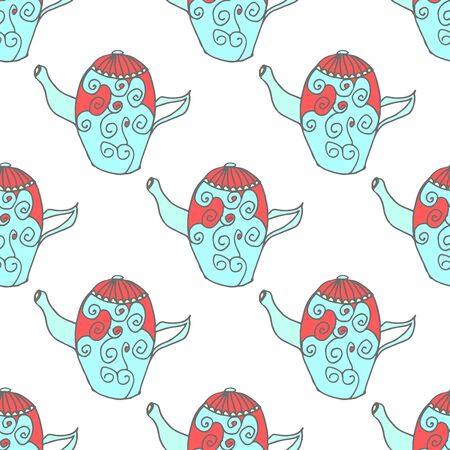 blue and red teapots hand drawn seamless patternのイラスト素材