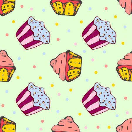 Hand drawn seamless pattern with cute cupcakesのイラスト素材