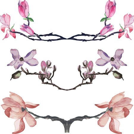 set of watercolor magnolia bordersのイラスト素材