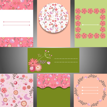 Set of templates for wedding invitations, cards with floral decorative elements and patternsのイラスト素材