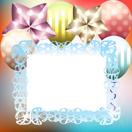 Bright multicolored card template for birthday. invitation with frame and balloonsのイラスト素材