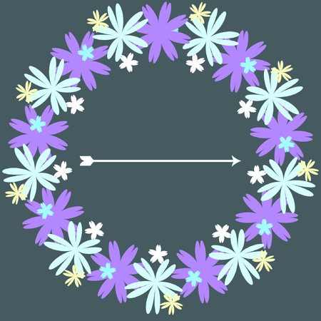 Template for postcard, invitation, wedding, party card with blue and purple floral wreath and arrowsのイラスト素材