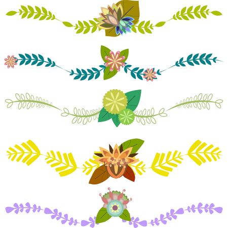Set of borders, decorative elements with leaves and flowersのイラスト素材