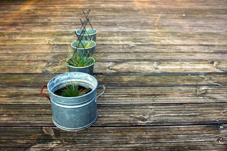 Metal grass pots on terraceの写真素材