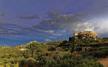 Low wide angle shot of Our Lady of Serra Calvi Corsica at sunsetの写真素材