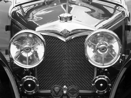 Front of a vintage riley motorcar with bumper headlights radiator and badges at Hebden Bridge Vintage Weekend 2016のeditorial素材