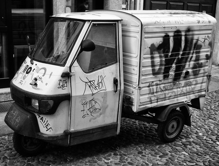old three wheeler honda ape van with graffitiの写真素材