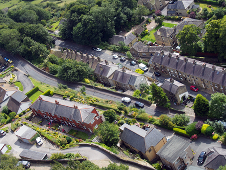 ariel overhead view of streets and houses in halifax west yorkshireの写真素材