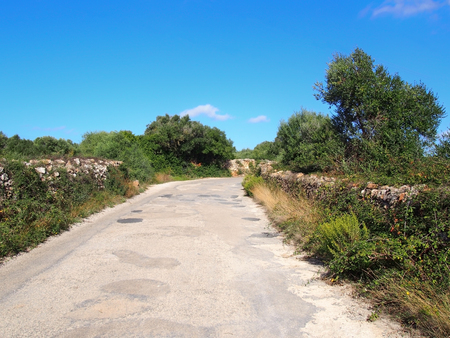 a typical narrow country road in menorca surrounded by old dry stone walls with surrounding fields and trees with a bright blue sunlit summer skyの写真素材