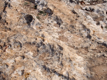 rough eroded sandstone ground in close up with scattered sand and gravel
