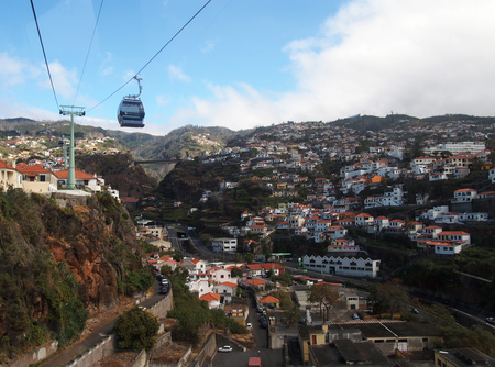 funchal, madeira, portugal - march 14 2019: aerial cityscape view of the city of funchal from the cable car running up the mountain to monteのeditorial素材