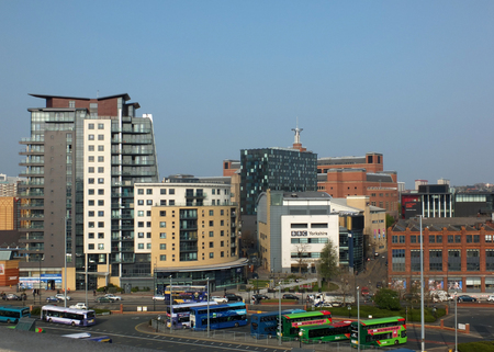 leeds, west yorkshire, england: 17 april 2019: an aerial cityscape view of the quarry hill creative quarter area of leeds with the bbc headquarters and northern ballet buildingのeditorial素材