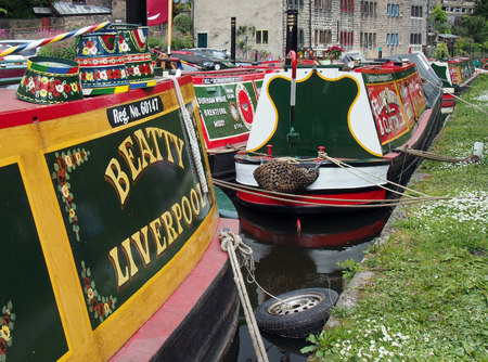 hebden bridge, west yorkshire, england - 23 may 2019: old barges at the narrow boats club gathering held on the may bank holiday on the rochdale canal at hebden bridge in west yorkshireのeditorial素材