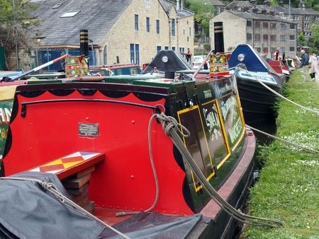 hebden bridge, west yorkshire, england - 23 may 2019: old barges at the narrow boats club gathering held on the may bank holiday on the rochdale canal at hebden bridge in west yorkshireのeditorial素材
