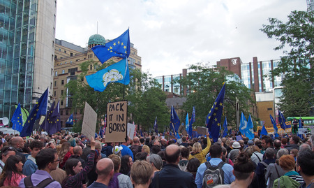 leeds, west yorkshire, united kingdom - 29 august 2019: a large crowd with flags and banners at the...
