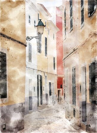 watercolor painting of a beautiful sunlit narrow cobbled quiet street of old houses in typical Mediterranean bright colors in ciutadella menorca spainの写真素材