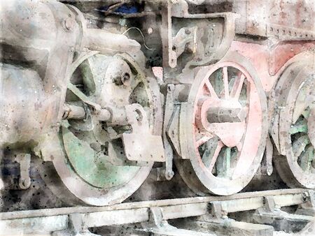 watercolor image of the wheels of an steam locomotive on tracks with rust fading green and red paint and missing partsの写真素材