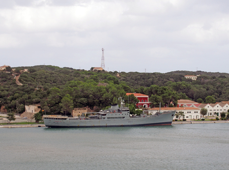 mahon, menorca, spain - 6 september 2018: the contramaestre casado spanish navy supply ship docked in mahon harbour in menorcaのeditorial素材