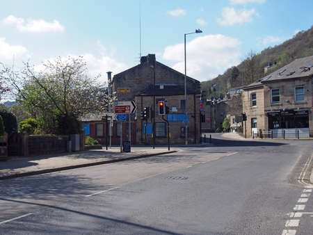 hebden bridge, west yorkshire / united kingdom - 20 May 2020: New road in the centre of hebden bridge with no traffic on the roadのeditorial素材