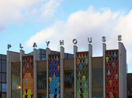 Leeds, West Yorkshire, United Kingdom - 22 February 2020: the brightly coloured facade of the new west yorkshire playhouse theatre building against a bright cloudy blue skyのeditorial素材