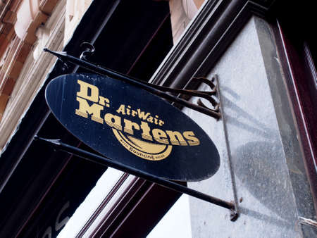leeds, west yorkshire, united kingdom - 11 may 2021: sign above the entrance of the Dr Martens shoe store in leeds city centreのeditorial素材