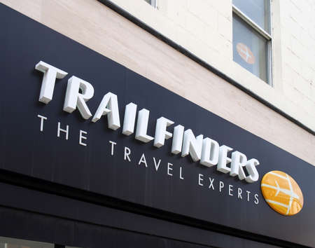 leeds, west yorkshire, united kingdom - 7 july 2021: sign above the trailfinders travel agents on...