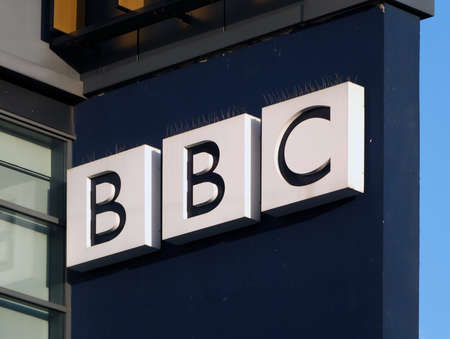 leeds, west yorkshire, united kingdom - 17 march 2022: sign and logo the front of the BBC yorkshire building in st peters square in leedsのeditorial素材