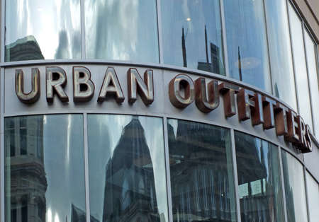leeds, west yorkshire, united kingdom - 17 march 2022 : sign on the window of a branch of an urban outfitters fashion store in leeds city centreのeditorial素材