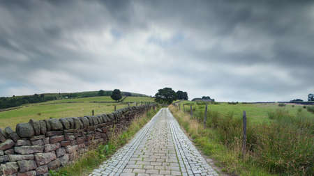 panoramic perspective view of a narrow cobblestone country lane surrounded by stone walls trees and fields with a cloudy atmospheric skyの写真素材