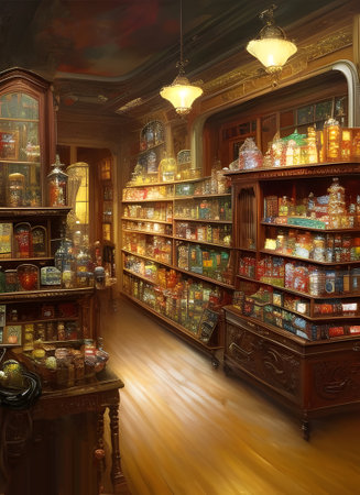 The interior of an old fashioned candy store with jars of sweets and confectioneries on shelves. generative ai illustrationの素材