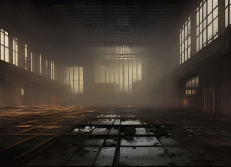 The interior of a dark large derelict deserted old factory with light from the windows reflected on the wet floor. generative ai artの素材