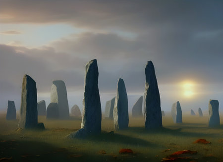 Painting of the sun rising in a cloudy sky over an ancient stone circle with grass and rocks on the ground, generative ai.の素材