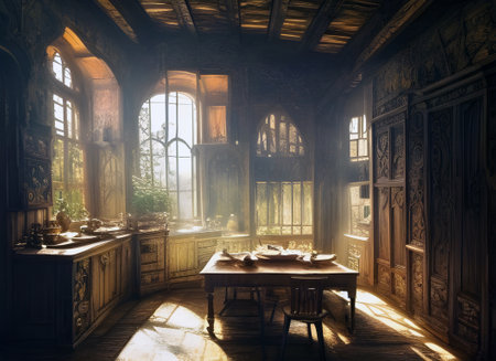 atmospheric painting of an old tudor period hall kitchen with plates and jars stacked on shelves and a wooden table in morning sunlight. generative ai artの素材