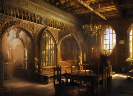 atmospheric painting of an old tudor period hall with ornate carvings, beams a wooden table in morning sunlight. generative ai artの素材